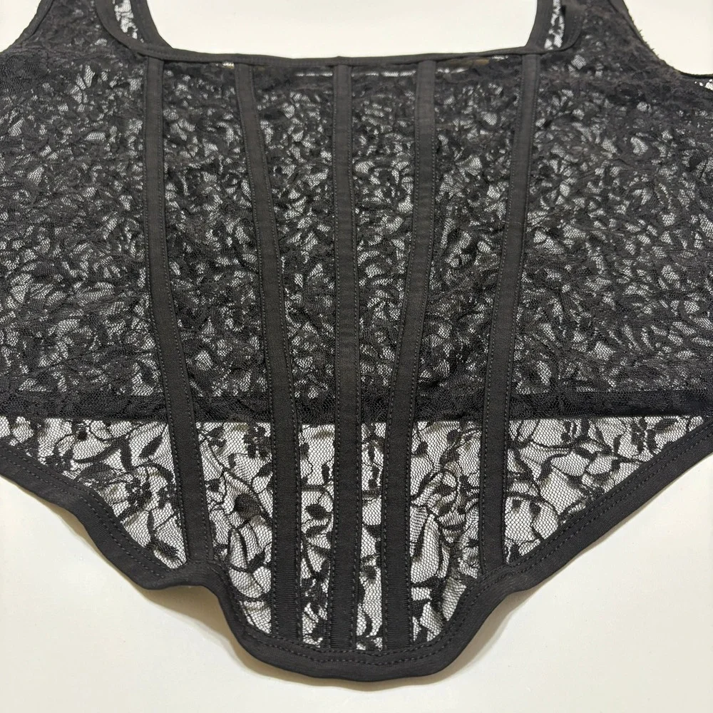 Womens Fairy Grunge Whimsigoth Sheer Floral Lace Corset Top Sz Medium Black Edgy